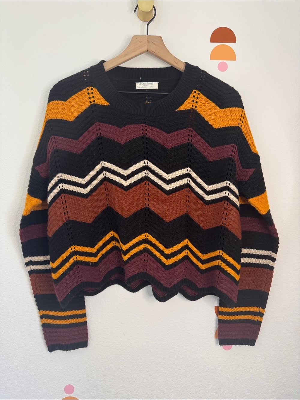 Crewneck Chevron Stripe Sweater - Black, Mustard & Burgundy Colorblock N0241